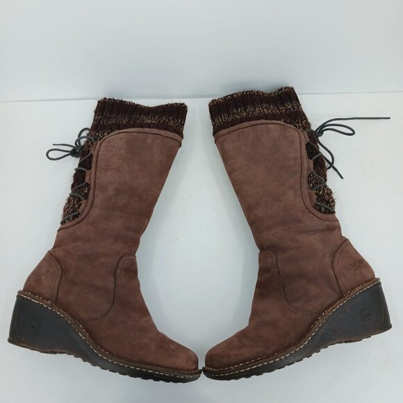 UGG Skylair Brown Leather Wedge Shearling Knit Tall Boots Size 9 Lace Up - Picture 3 of 14
